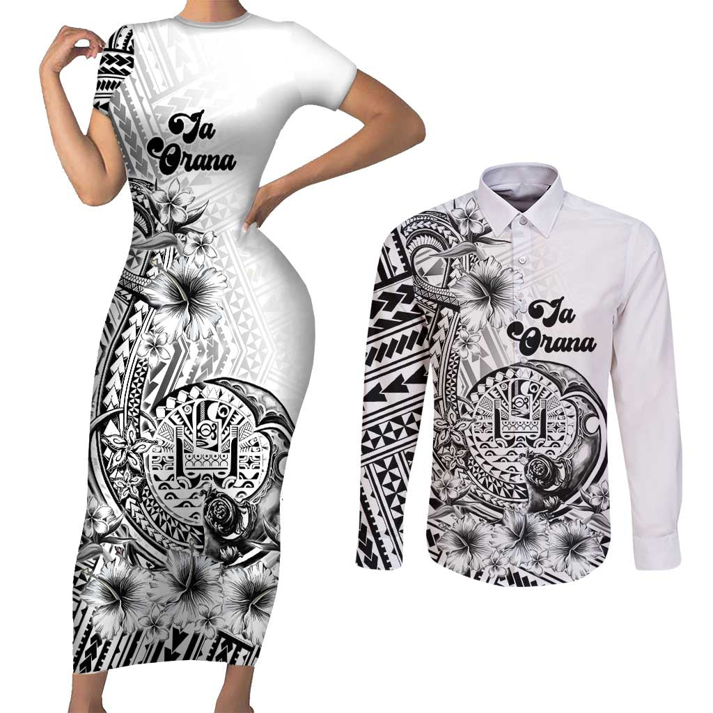 Ia Orana Tahiti Personalised Couples Matching Short Sleeve Bodycon Dress and Long Sleeve Button Shirt French Polynesia Hook Tattoo Special White Color LT9