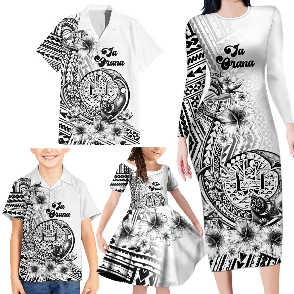 Ia Orana Tahiti Personalised Family Matching Long Sleeve Bodycon Dress and Hawaiian Shirt French Polynesia Hook Tattoo Special White Color LT9