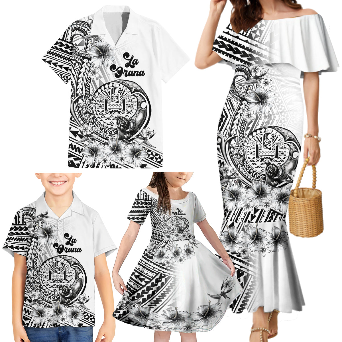 La Orana Tahiti Personalised Family Matching Mermaid Dress and Hawaiian Shirt French Polynesia Hook Tattoo Special White Color LT9 - Polynesian Pride