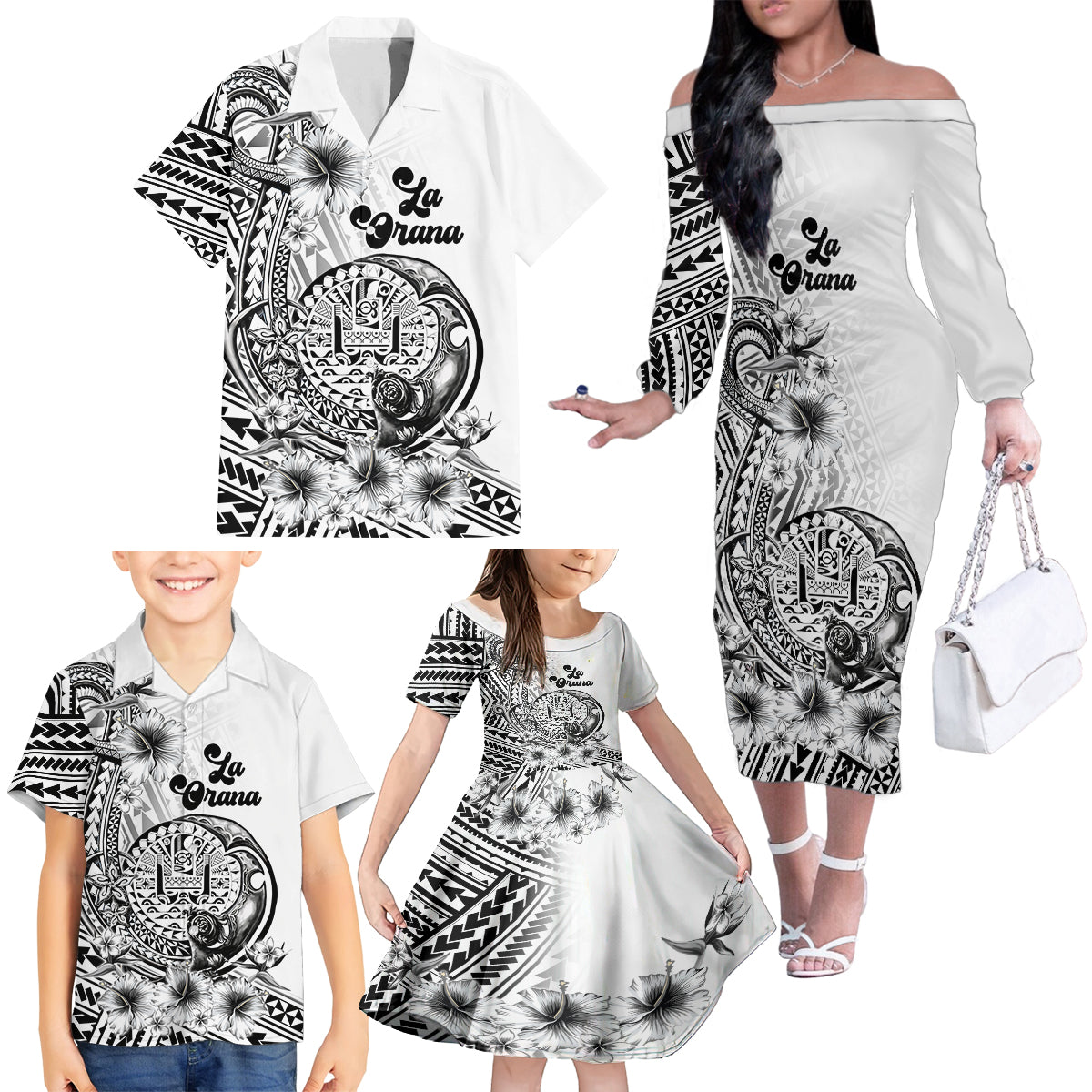 La Orana Tahiti Personalised Family Matching Off Shoulder Long Sleeve Dress and Hawaiian Shirt French Polynesia Hook Tattoo Special White Color LT9 - Polynesian Pride