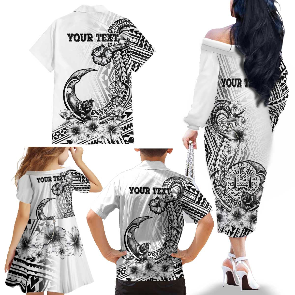 Ia Orana Tahiti Personalised Family Matching Off Shoulder Long Sleeve Dress and Hawaiian Shirt French Polynesia Hook Tattoo Special White Color LT9
