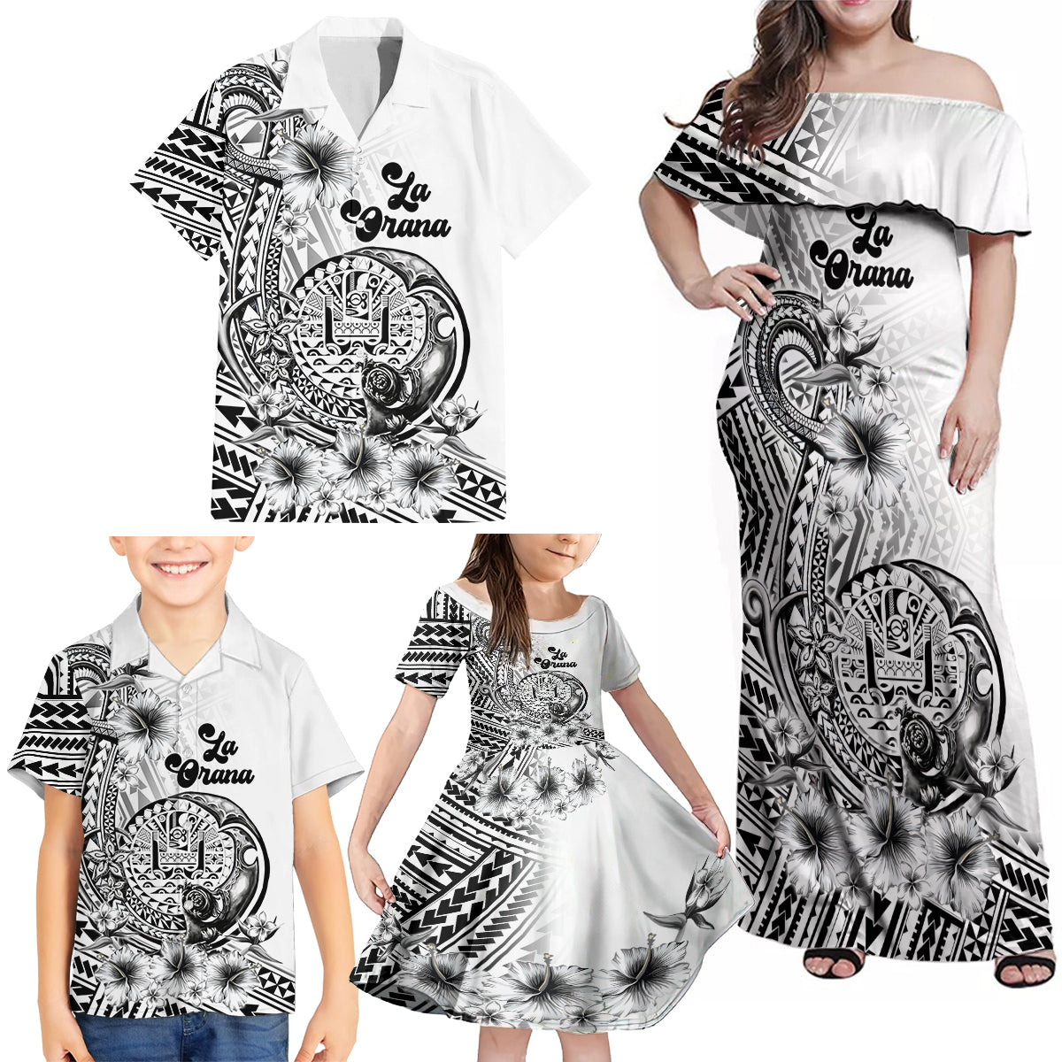 La Orana Tahiti Personalised Family Matching Off Shoulder Maxi Dress and Hawaiian Shirt French Polynesia Hook Tattoo Special White Color LT9 - Polynesian Pride