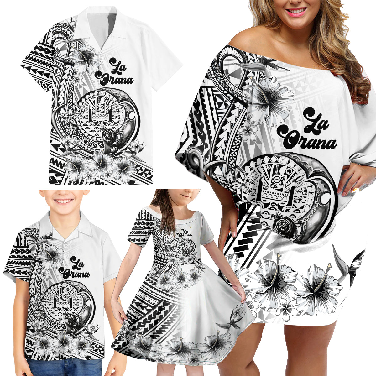 La Orana Tahiti Personalised Family Matching Off Shoulder Short Dress and Hawaiian Shirt French Polynesia Hook Tattoo Special White Color LT9 - Polynesian Pride