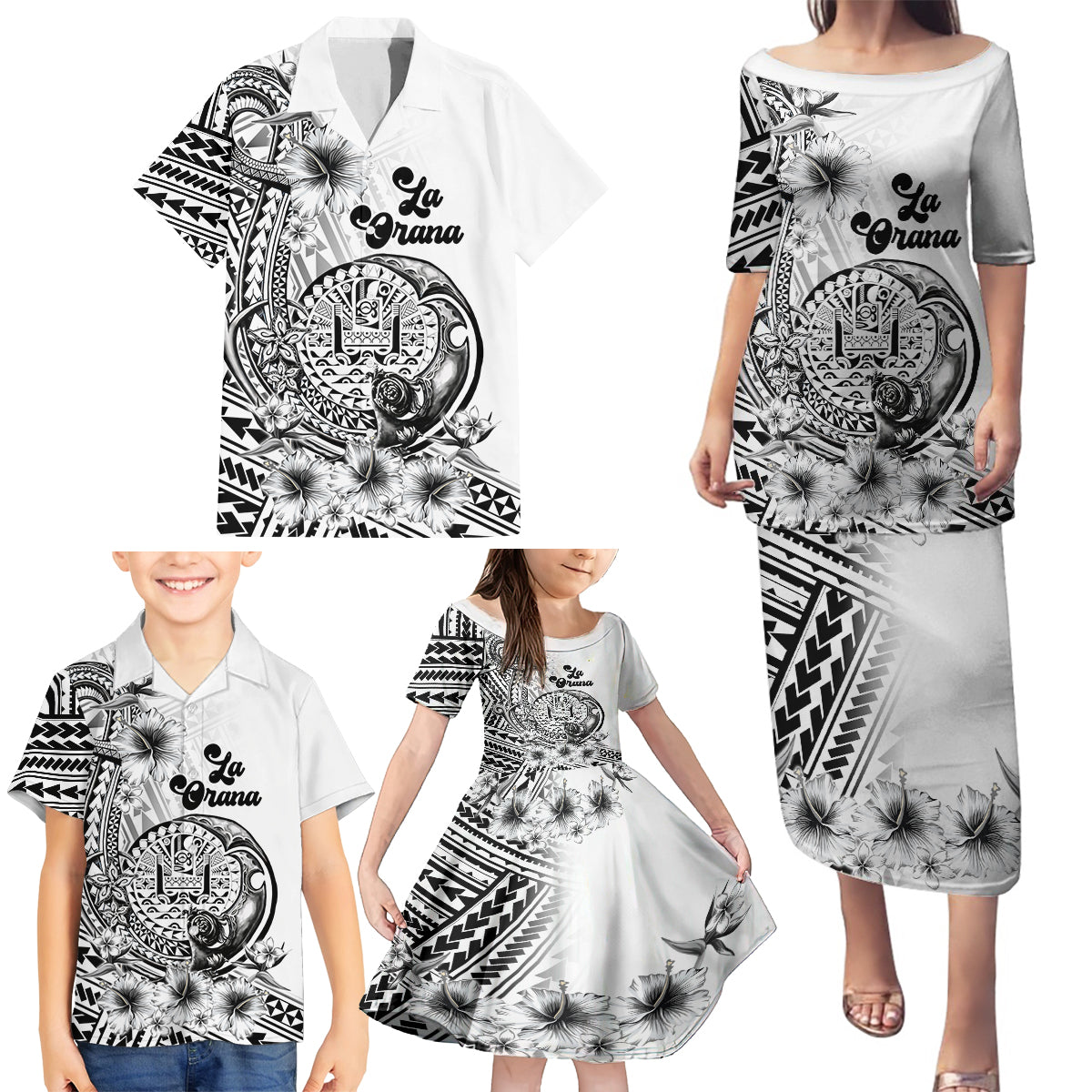 La Orana Tahiti Personalised Family Matching Puletasi Dress and Hawaiian Shirt French Polynesia Hook Tattoo Special White Color LT9 - Polynesian Pride