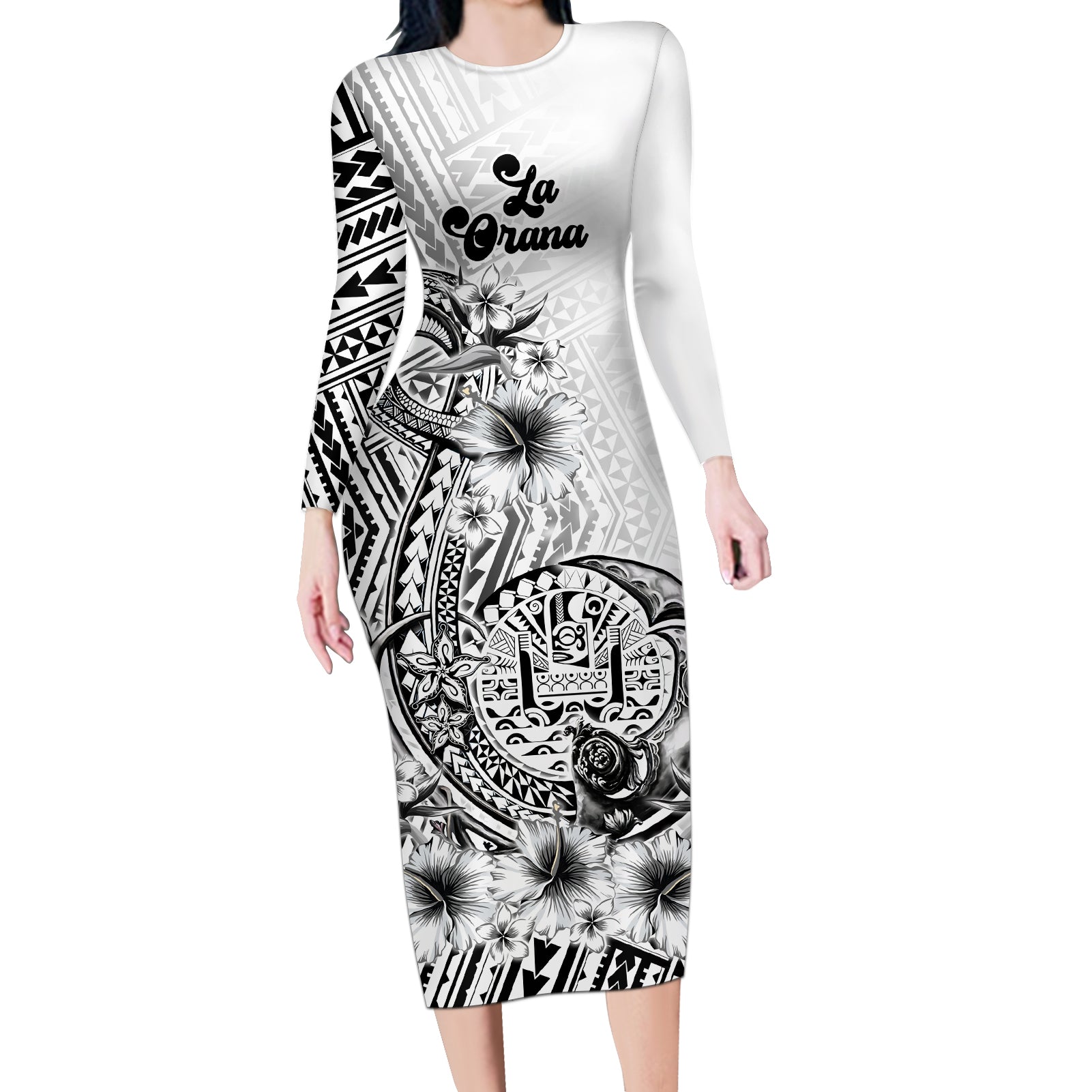 La Orana Tahiti Personalised Long Sleeve Bodycon Dress French Polynesia Hook Tattoo Special White Color LT9 Long Dress White - Polynesian Pride