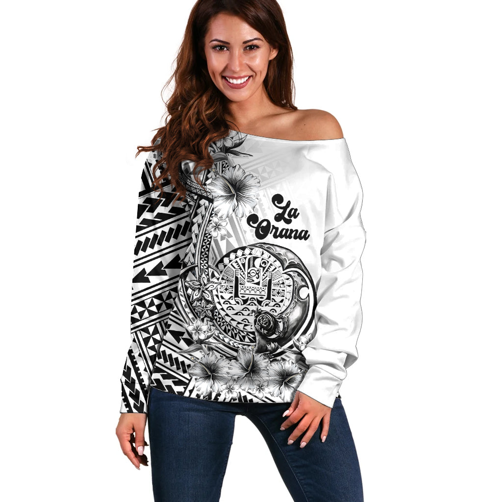 La Orana Tahiti Personalised Off Shoulder Sweater French Polynesia Hook Tattoo Special White Color LT9 Women White - Polynesian Pride