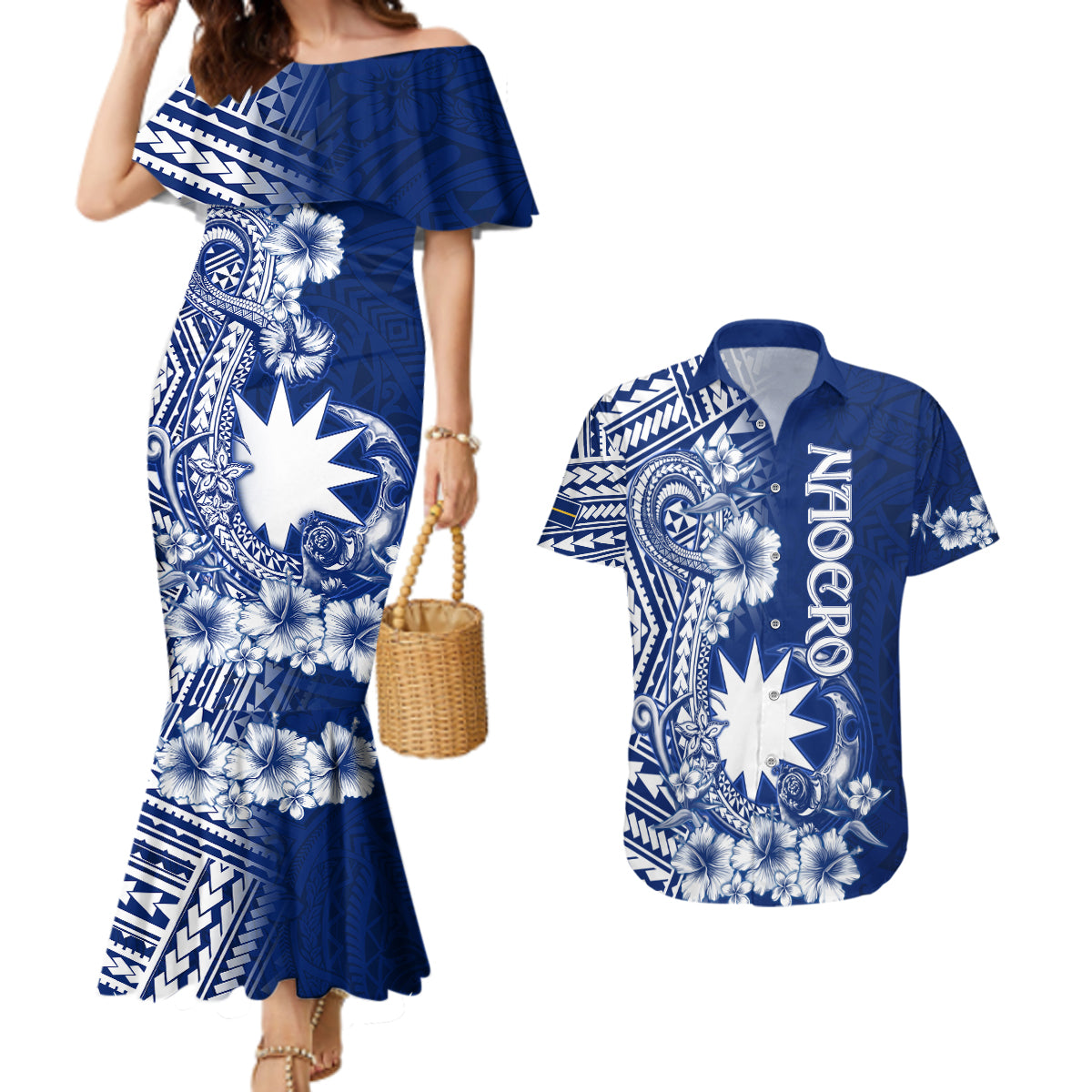 Nauru Independence Personalised Couples Matching Mermaid Dress and Hawaiian Shirt Naoero Hook Tattoo Special Polynesian Pattern LT9 Blue - Polynesian Pride