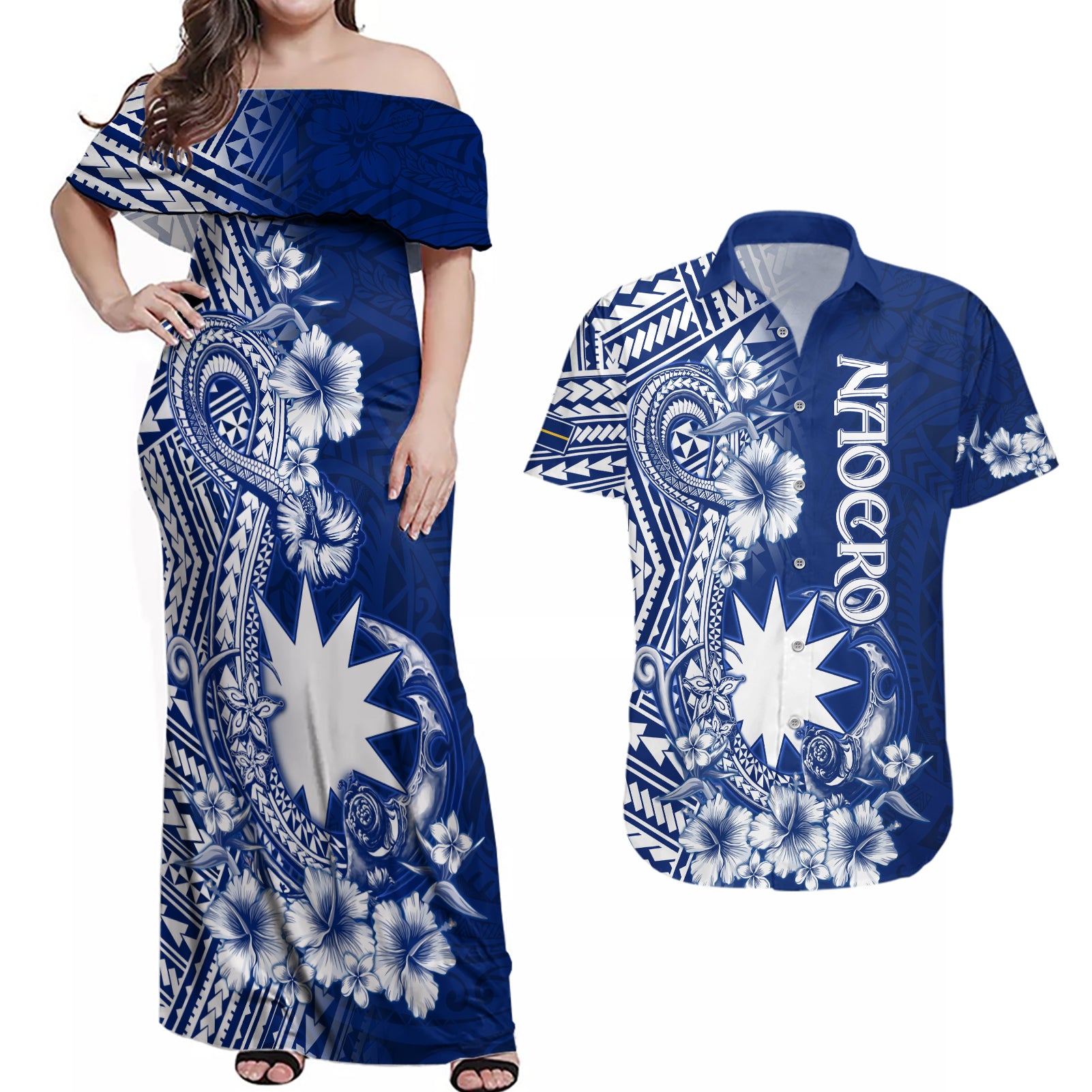 Nauru Independence Personalised Couples Matching Off Shoulder Maxi Dress and Hawaiian Shirt Naoero Hook Tattoo Special Polynesian Pattern LT9 Blue - Polynesian Pride