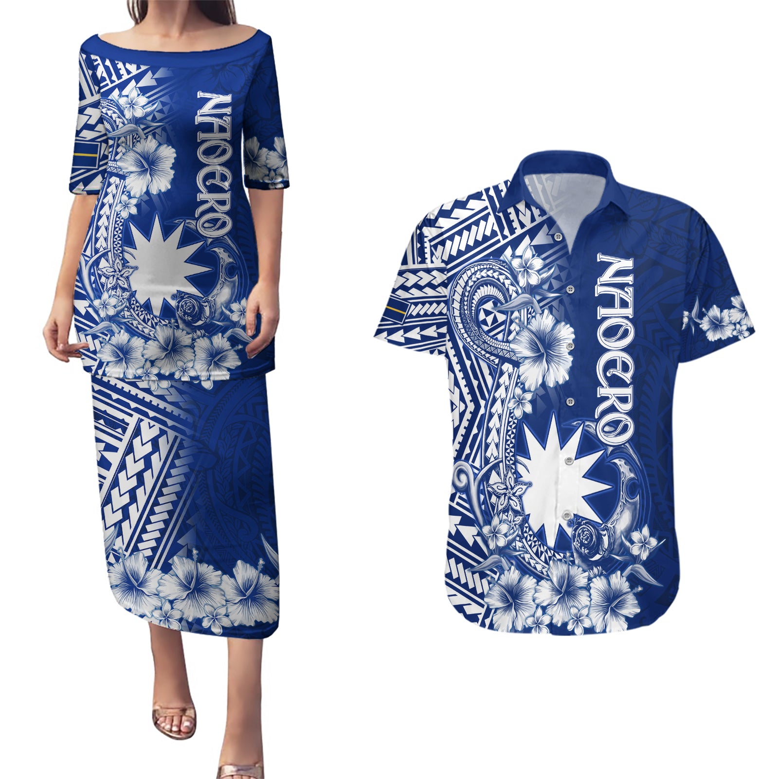 Nauru Independence Personalised Couples Matching Puletasi Dress and Hawaiian Shirt Naoero Hook Tattoo Special Polynesian Pattern LT9 Blue - Polynesian Pride