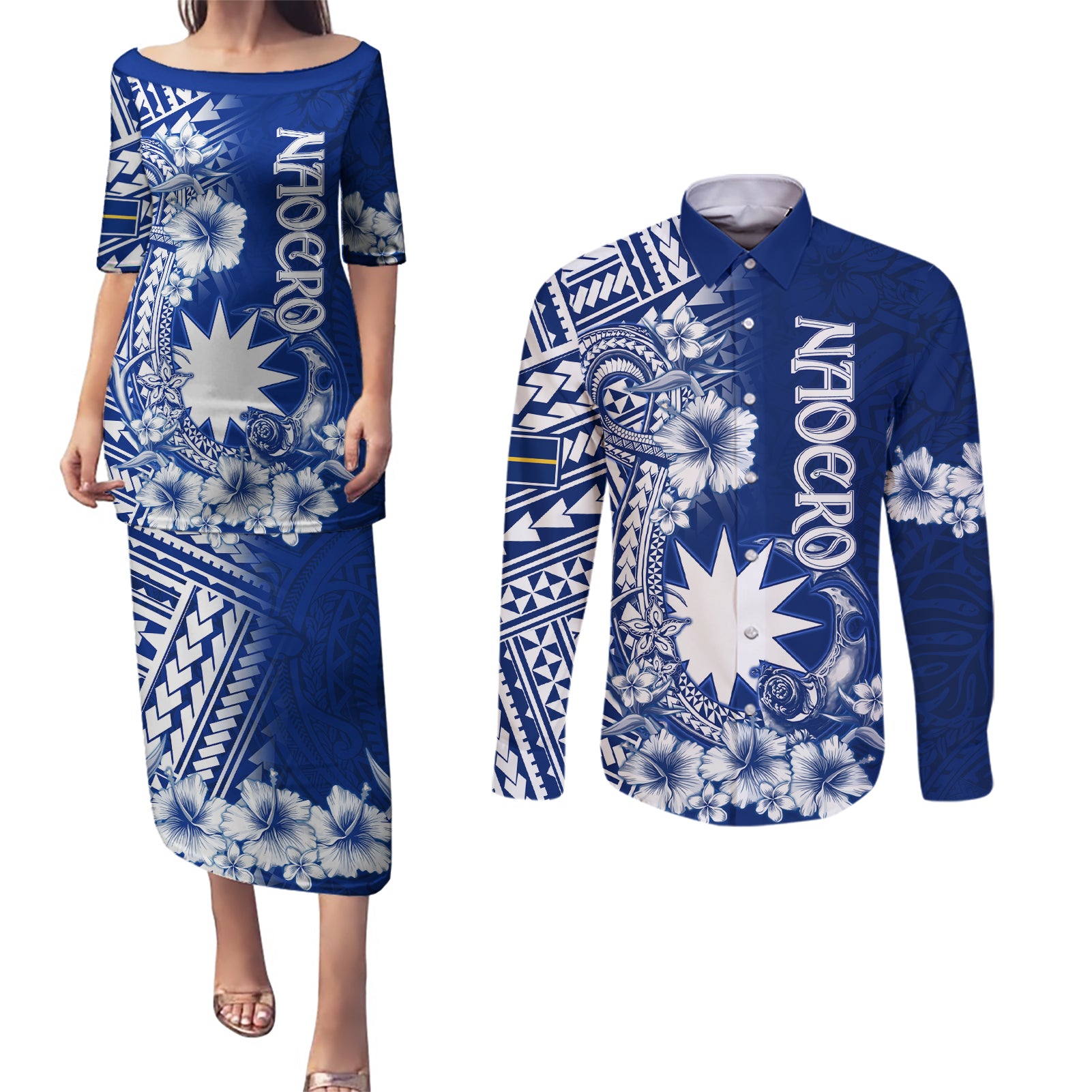 Nauru Independence Personalised Couples Matching Puletasi Dress and Long Sleeve Button Shirt Naoero Hook Tattoo Special Polynesian Pattern LT9 Blue - Polynesian Pride