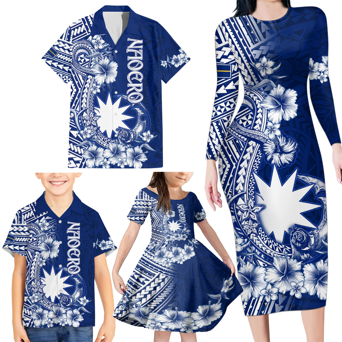 Nauru Independence Personalised Family Matching Long Sleeve Bodycon Dress and Hawaiian Shirt Naoero Hook Tattoo Special Polynesian Pattern LT9 - Polynesian Pride