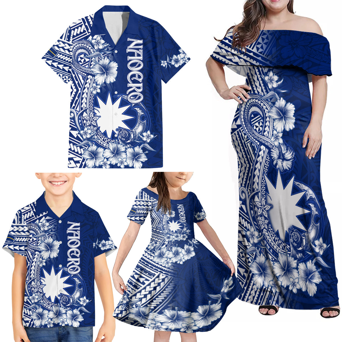 Nauru Independence Personalised Family Matching Off Shoulder Maxi Dress and Hawaiian Shirt Naoero Hook Tattoo Special Polynesian Pattern LT9 - Polynesian Pride