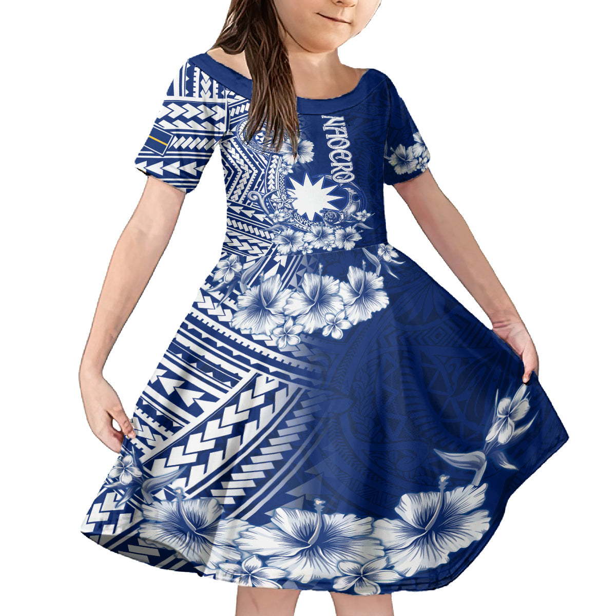 Nauru Independence Personalised Family Matching Puletasi Dress and Hawaiian Shirt Naoero Hook Tattoo Special Polynesian Pattern LT9 Daughter's Dress Blue - Polynesian Pride