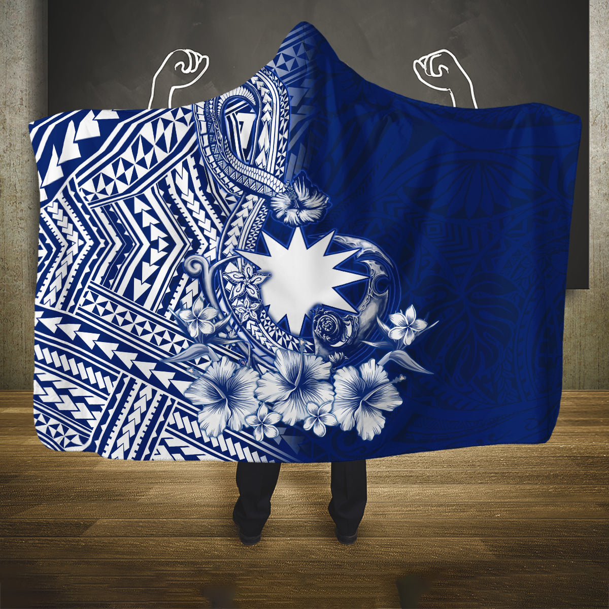 Nauru Independence Personalised Hooded Blanket Naoero Hook Tattoo Special Polynesian Pattern LT9 One Size Blue - Polynesian Pride