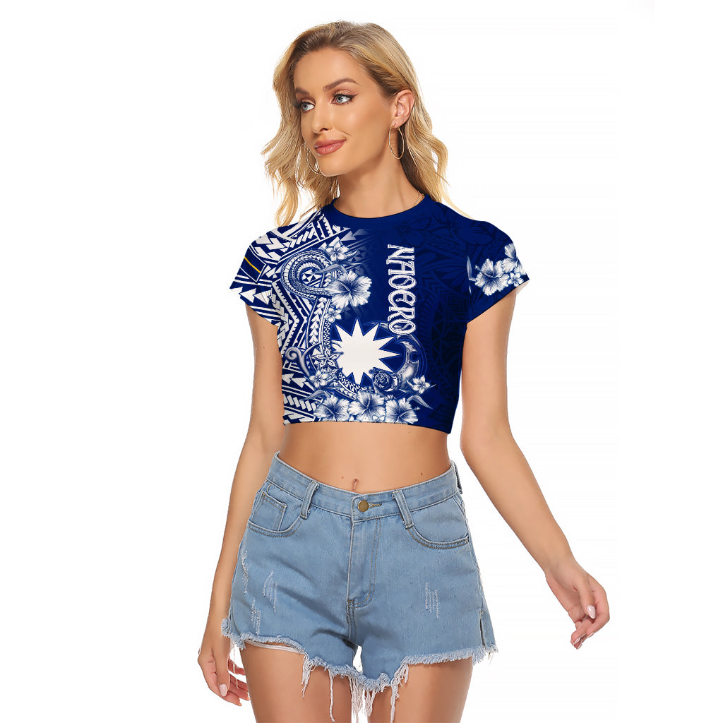 Nauru Independence Personalised Raglan Cropped T Shirt Naoero Hook Tattoo Special Polynesian Pattern LT9 Female Blue - Polynesian Pride