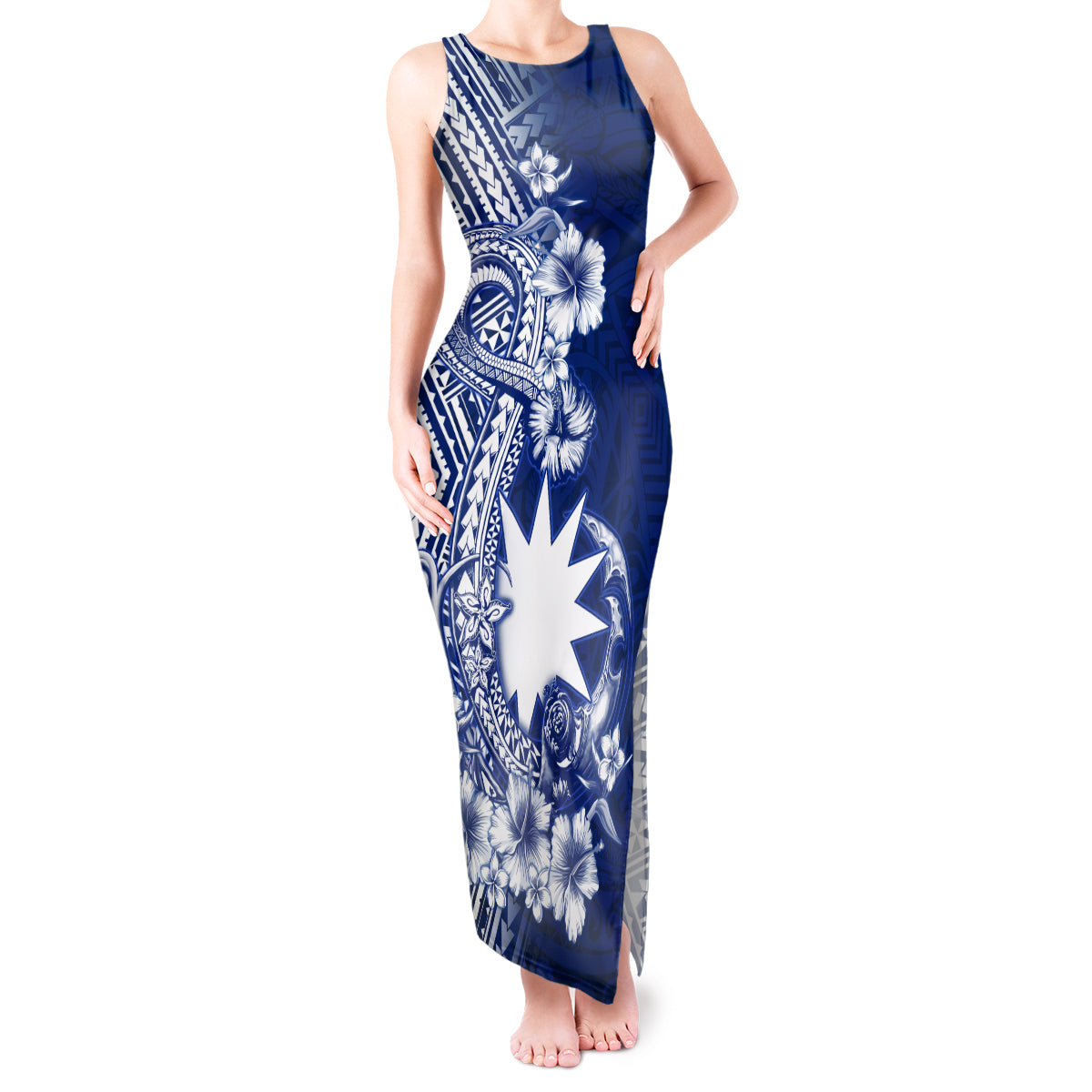 Nauru Independence Personalised Tank Maxi Dress Naoero Hook Tattoo Special Polynesian Pattern LT9 Women Blue - Polynesian Pride