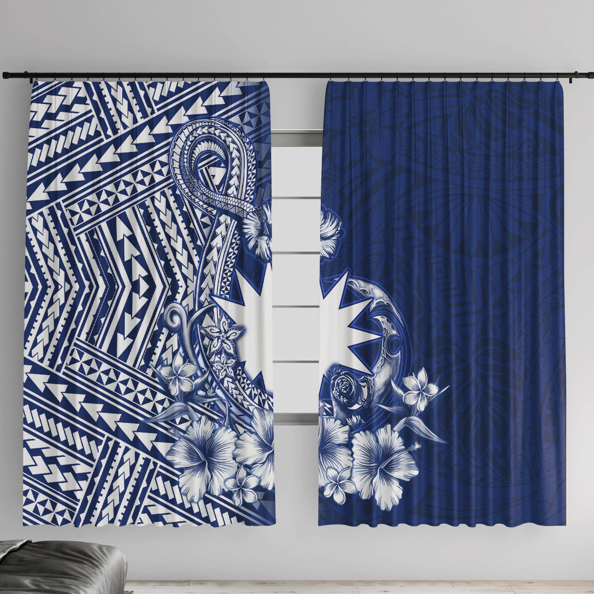 Nauru Independence Personalised Window Curtain Naoero Hook Tattoo Special Polynesian Pattern LT9 With Hooks Blue - Polynesian Pride