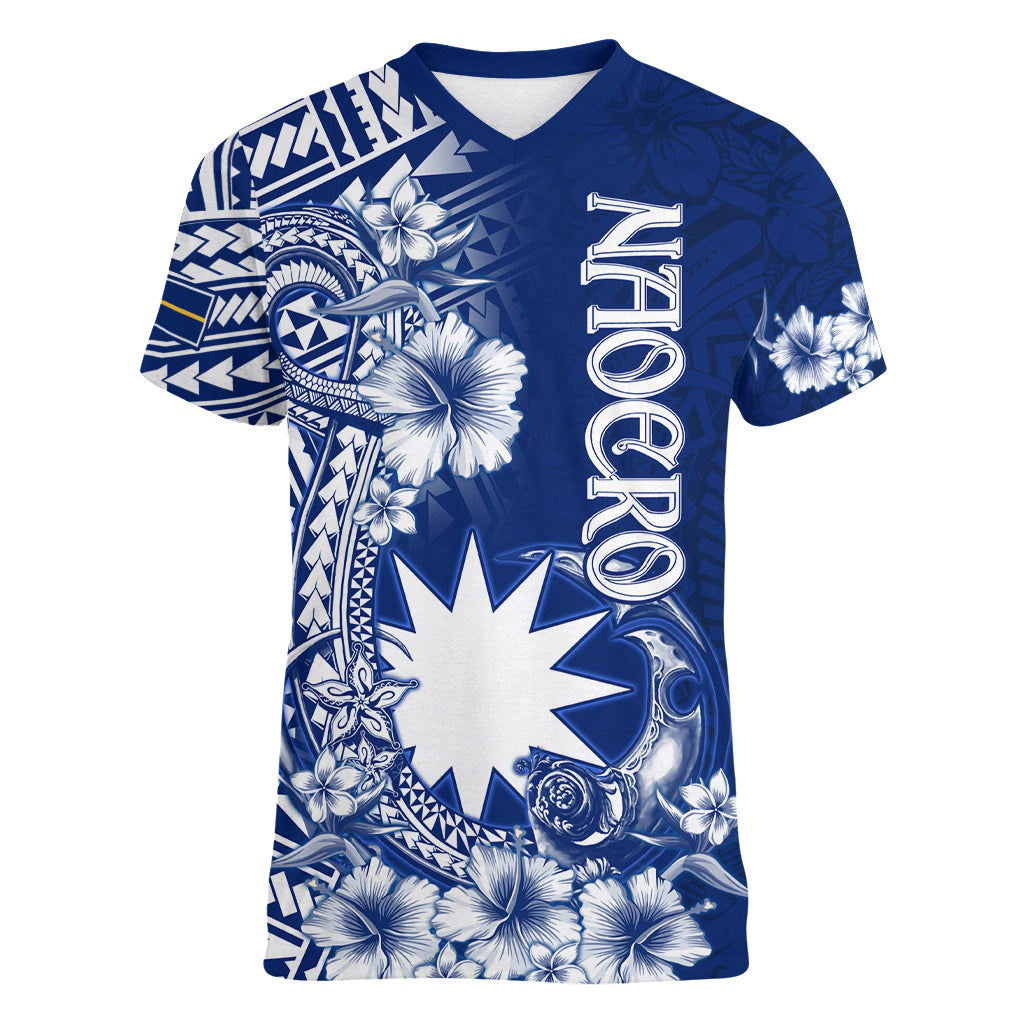 Nauru Independence Personalised Women V Neck T Shirt Naoero Hook Tattoo Special Polynesian Pattern LT9 Female Blue - Polynesian Pride