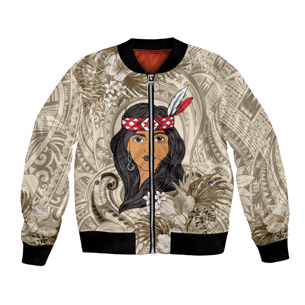 Personalized New Zealand Women's Day Bomber Jacket Maori Girl Feathers of Hope - Beige LT9 Unisex Beige - Polynesian Pride