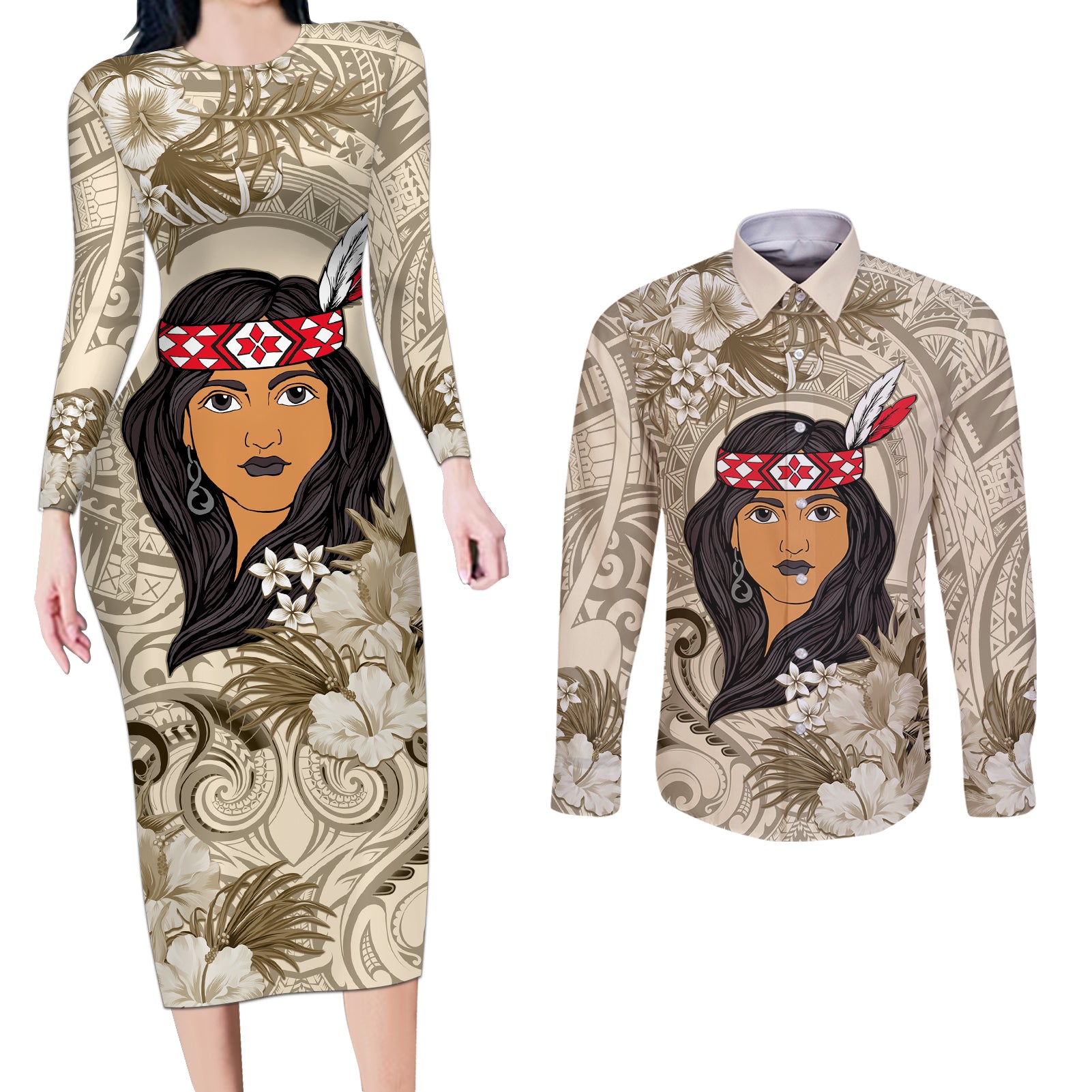 Personalized New Zealand Women's Day Couples Matching Long Sleeve Bodycon Dress and Long Sleeve Button Shirt Maori Girl Feathers of Hope - Beige LT9 Beige - Polynesian Pride