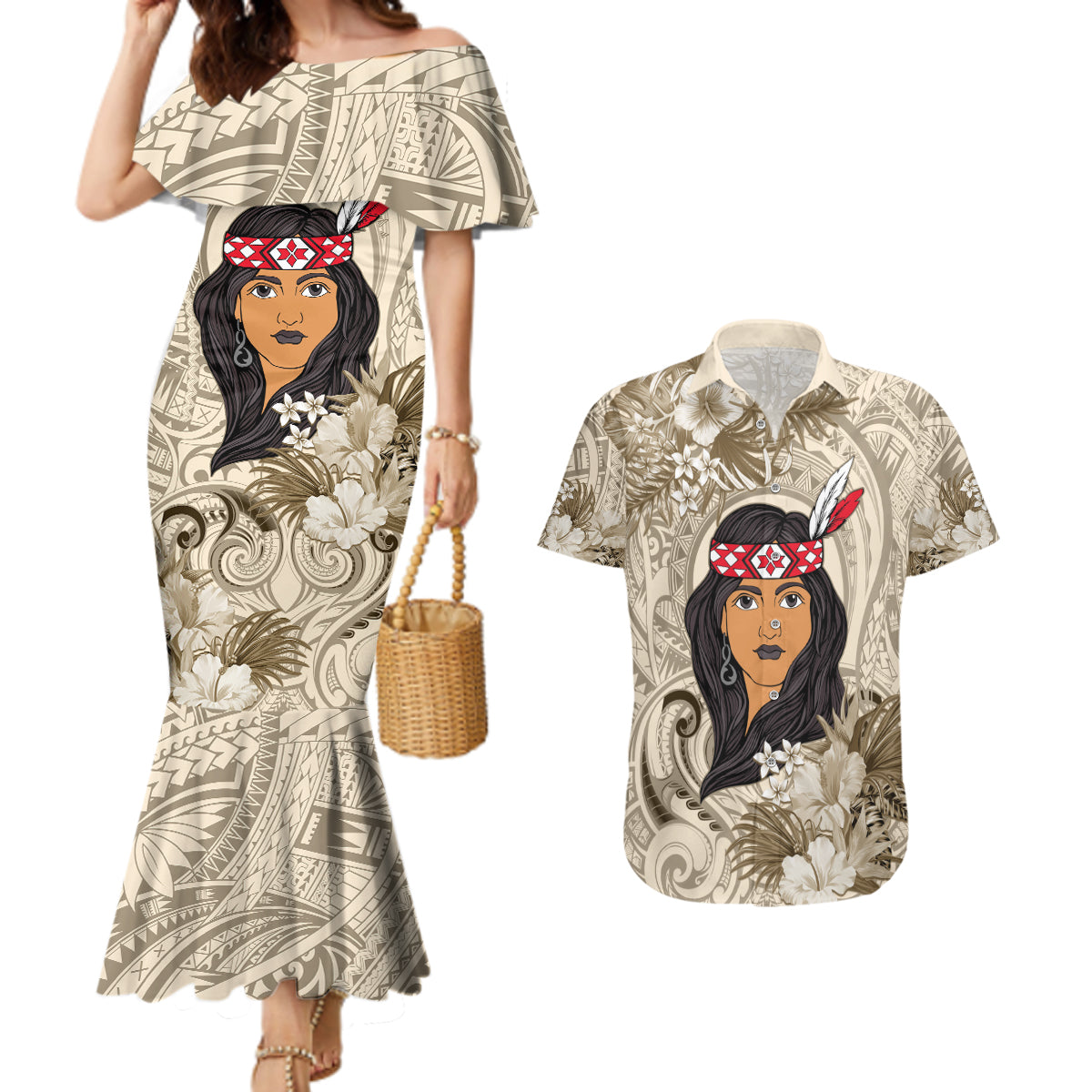 Personalized New Zealand Women's Day Couples Matching Mermaid Dress and Hawaiian Shirt Maori Girl Feathers of Hope - Beige LT9 Beige - Polynesian Pride