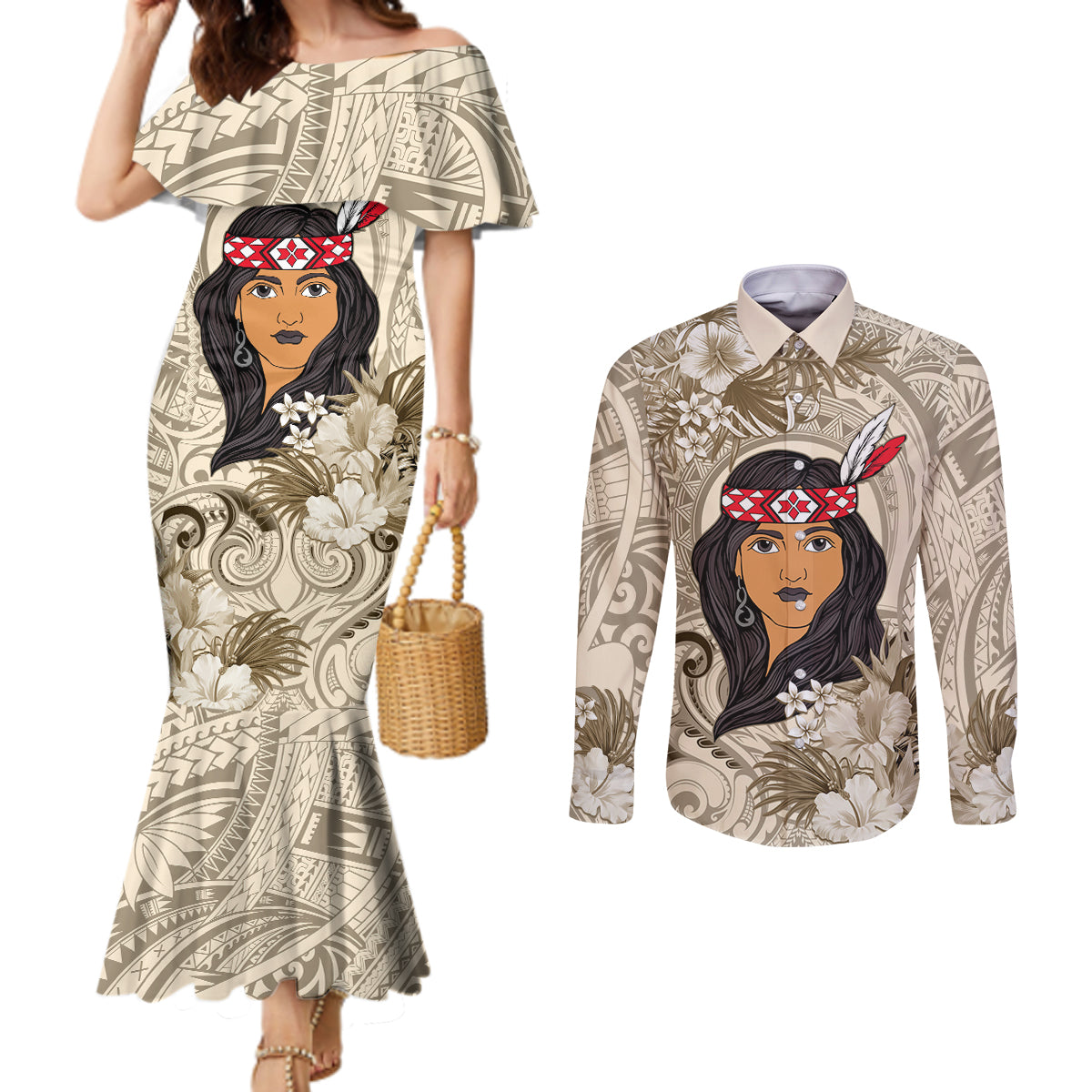 Personalized New Zealand Women's Day Couples Matching Mermaid Dress and Long Sleeve Button Shirt Maori Girl Feathers of Hope - Beige LT9 Beige - Polynesian Pride