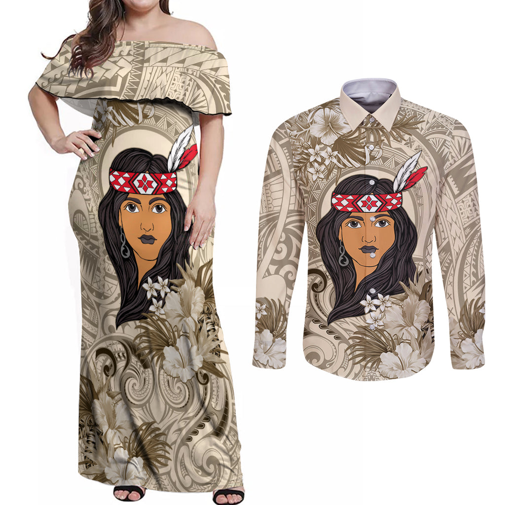 Personalized New Zealand Women's Day Couples Matching Off Shoulder Maxi Dress and Long Sleeve Button Shirt Maori Girl Feathers of Hope - Beige LT9 Beige - Polynesian Pride