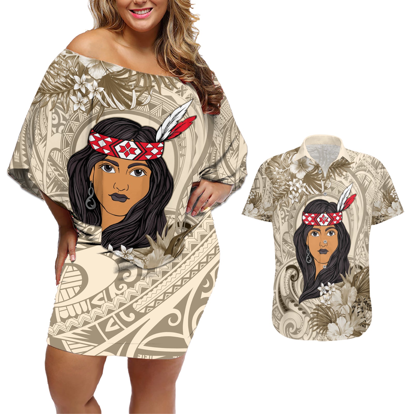 Personalized New Zealand Women's Day Couples Matching Off Shoulder Short Dress and Hawaiian Shirt Maori Girl Feathers of Hope - Beige LT9 Beige - Polynesian Pride