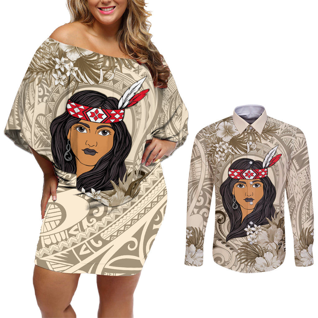 Personalized New Zealand Women's Day Couples Matching Off Shoulder Short Dress and Long Sleeve Button Shirt Maori Girl Feathers of Hope - Beige LT9 Beige - Polynesian Pride