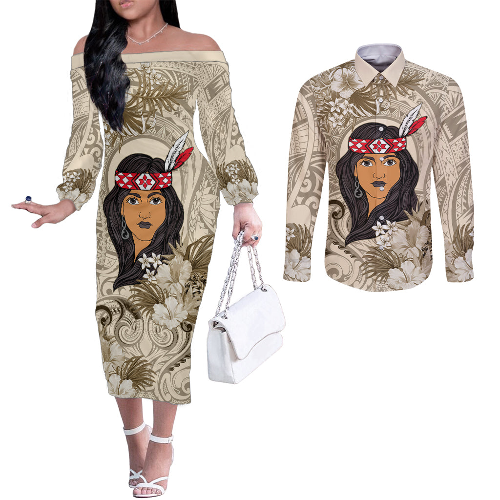 Personalized New Zealand Women's Day Couples Matching Off The Shoulder Long Sleeve Dress and Long Sleeve Button Shirt Maori Girl Feathers of Hope - Beige LT9 Beige - Polynesian Pride