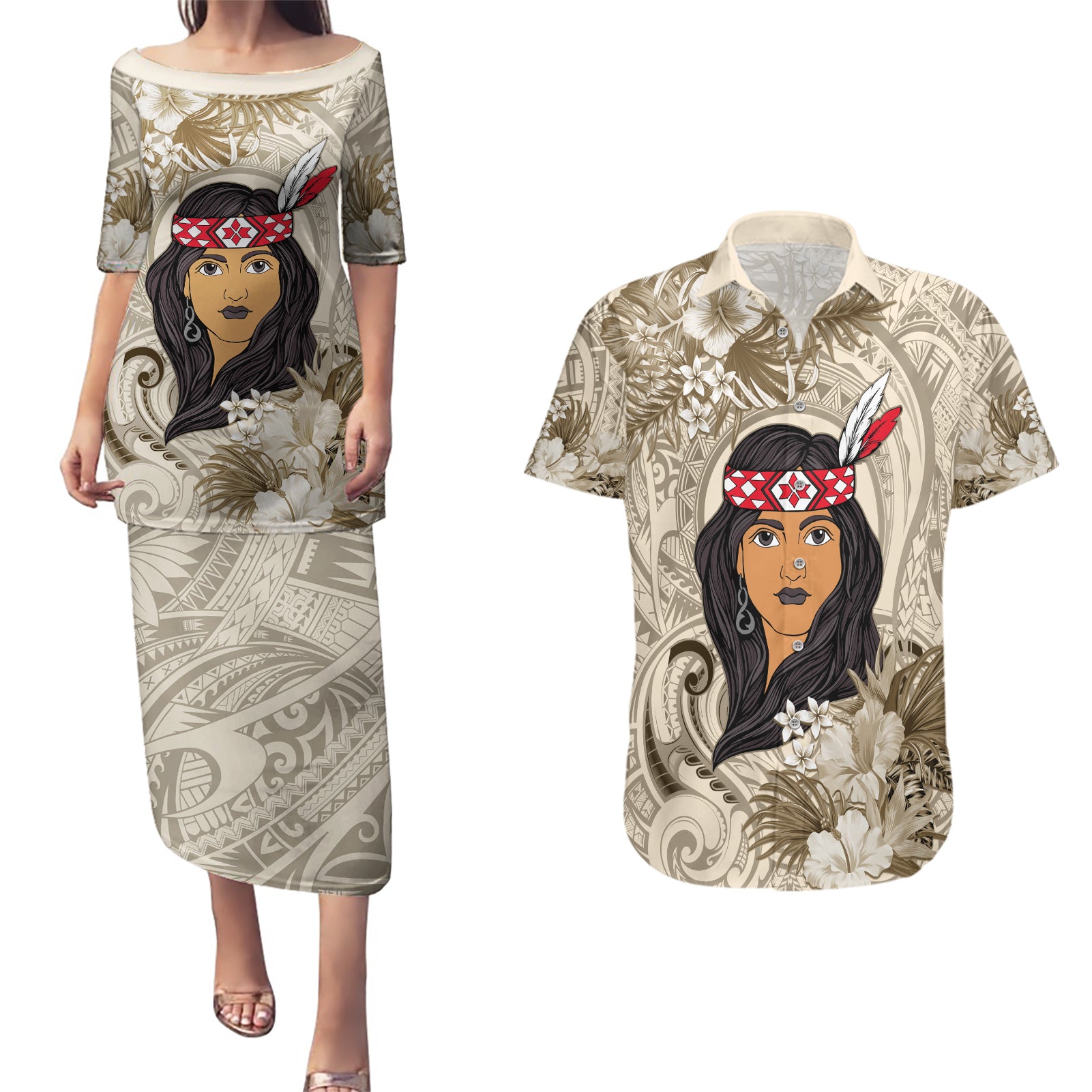 Personalized New Zealand Women's Day Couples Matching Puletasi and Hawaiian Shirt Maori Girl Feathers of Hope - Beige LT9 Beige - Polynesian Pride