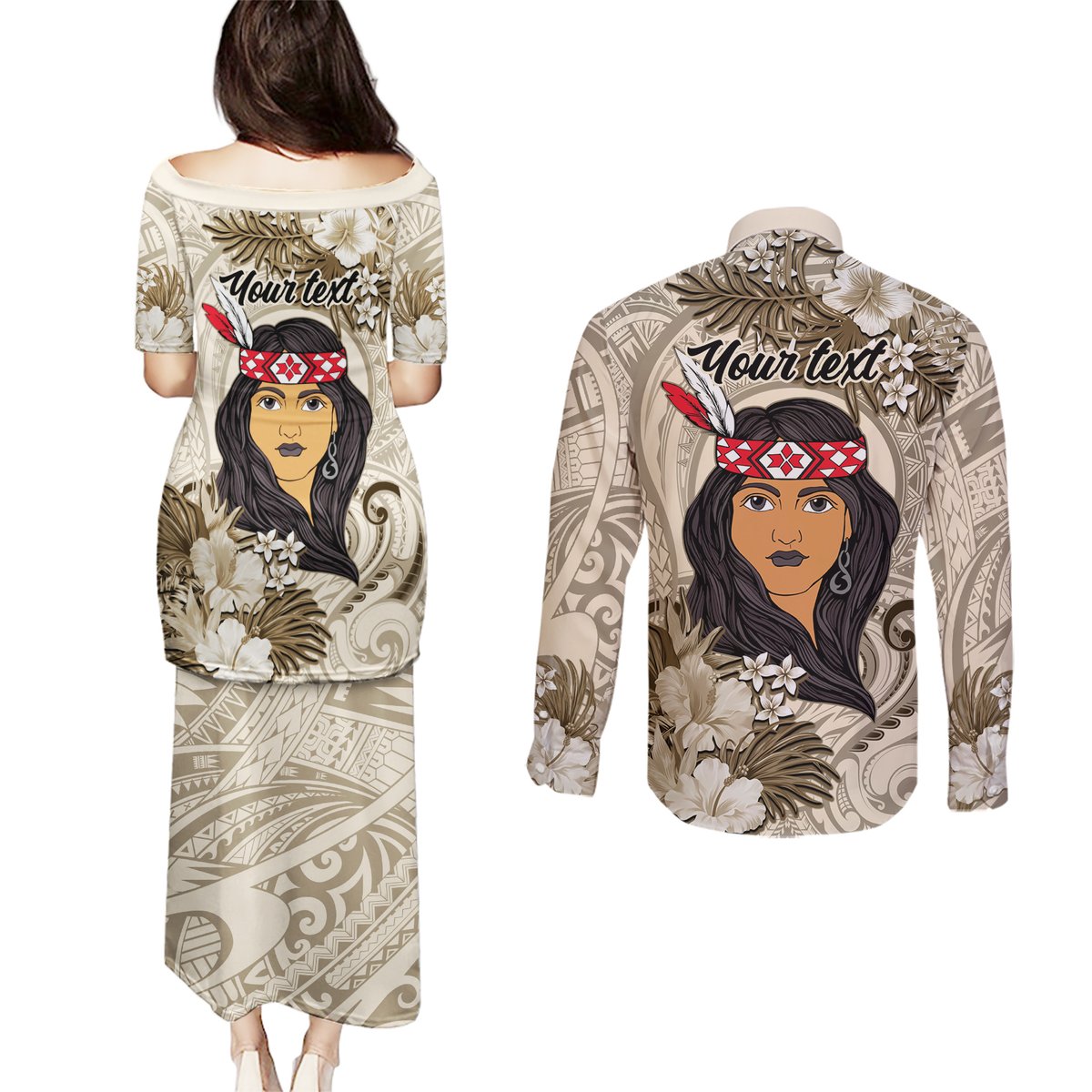 Personalized New Zealand Women's Day Couples Matching Puletasi and Long Sleeve Button Shirt Maori Girl Feathers of Hope - Beige LT9 - Polynesian Pride