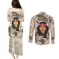 Personalized New Zealand Women's Day Couples Matching Puletasi and Long Sleeve Button Shirt Maori Girl Feathers of Hope - Beige LT9 - Polynesian Pride