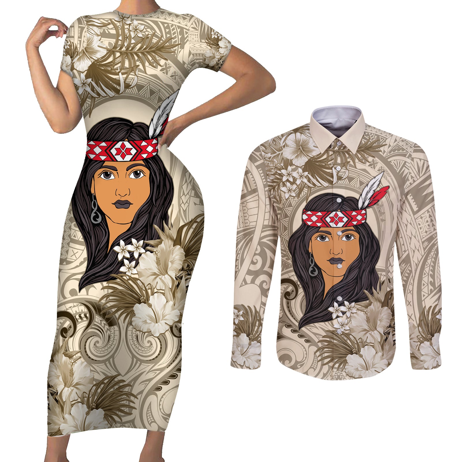 Personalized New Zealand Women's Day Couples Matching Short Sleeve Bodycon Dress and Long Sleeve Button Shirt Maori Girl Feathers of Hope - Beige LT9 Beige - Polynesian Pride