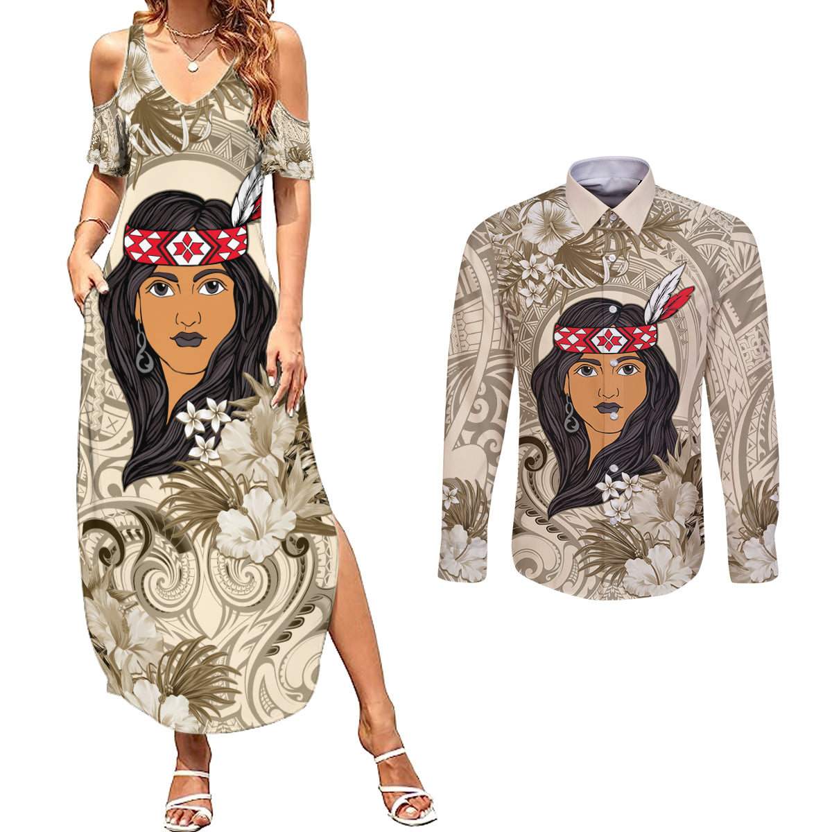 Personalized New Zealand Women's Day Couples Matching Summer Maxi Dress and Long Sleeve Button Shirt Maori Girl Feathers of Hope - Beige LT9 Beige - Polynesian Pride