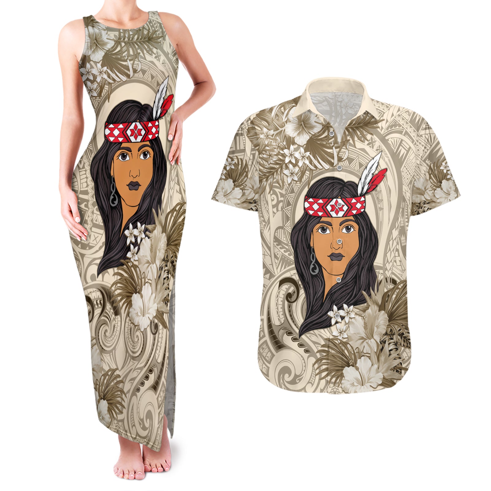 Personalized New Zealand Women's Day Couples Matching Tank Maxi Dress and Hawaiian Shirt Maori Girl Feathers of Hope - Beige LT9 Beige - Polynesian Pride