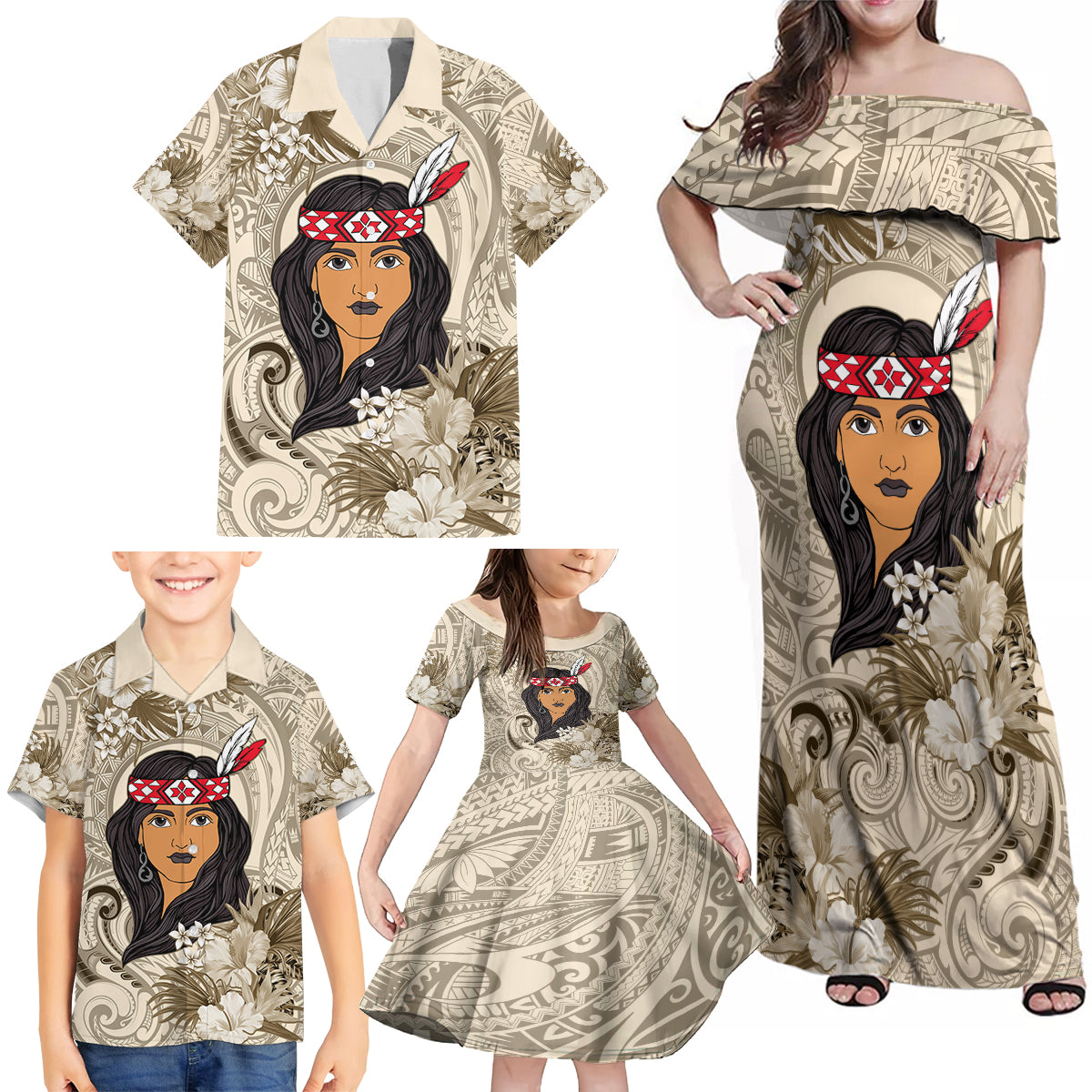 Personalized New Zealand Women's Day Family Matching Off Shoulder Maxi Dress and Hawaiian Shirt Maori Girl Feathers of Hope - Beige LT9 - Polynesian Pride