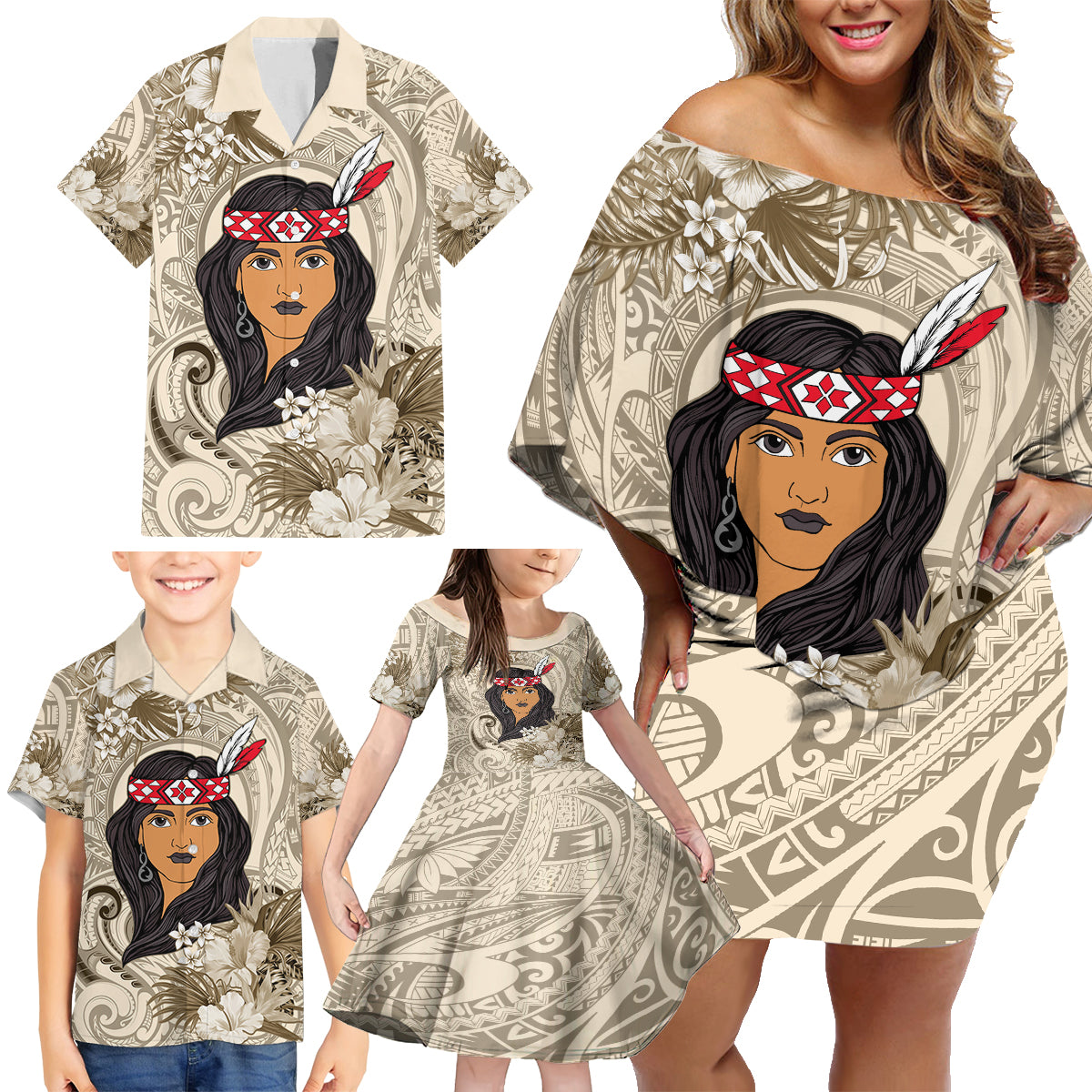 Personalized New Zealand Women's Day Family Matching Off Shoulder Short Dress and Hawaiian Shirt Maori Girl Feathers of Hope - Beige LT9 - Polynesian Pride