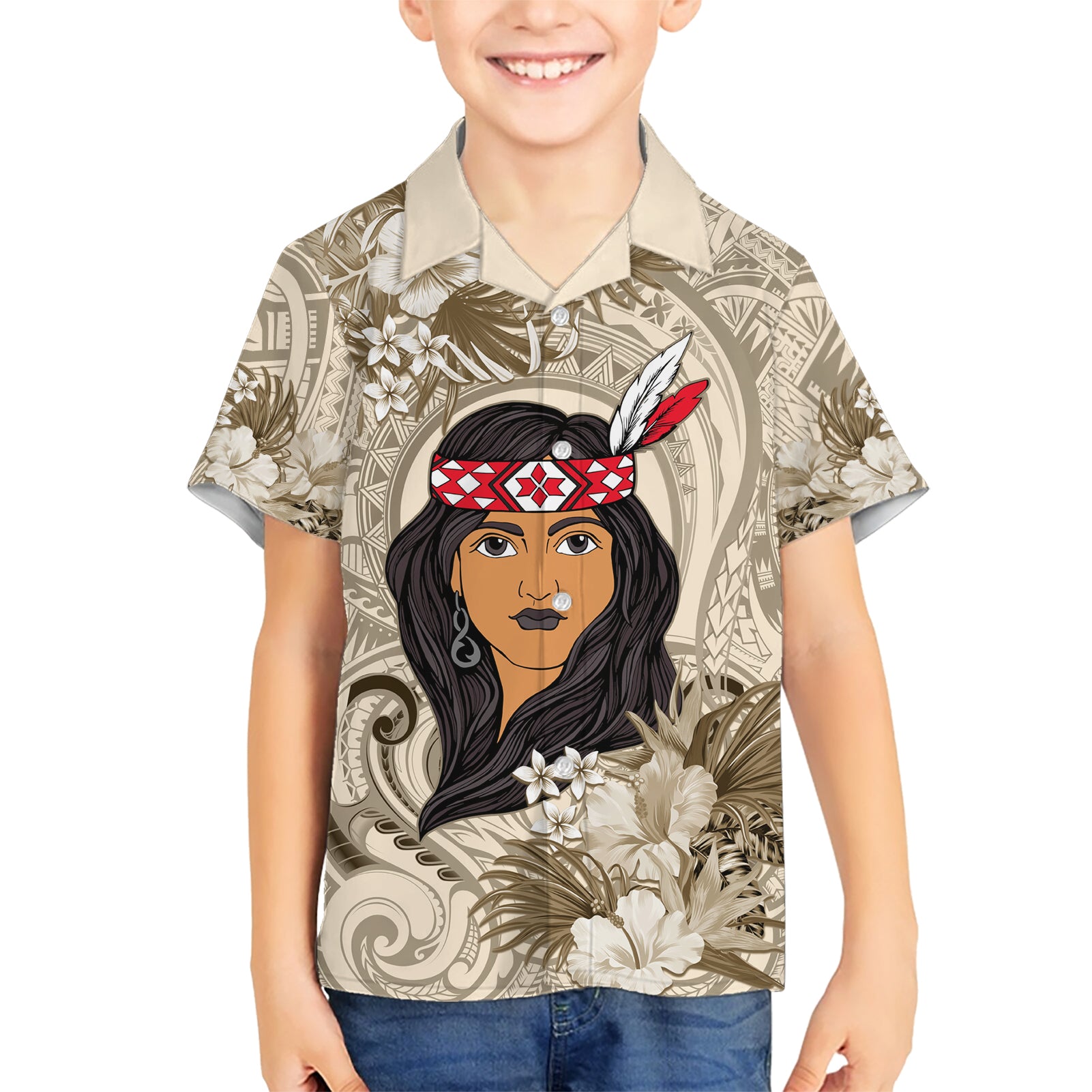 Personalized New Zealand Women's Day Kid Hawaiian Shirt Maori Girl Feathers of Hope - Beige LT9 Kid Beige - Polynesian Pride