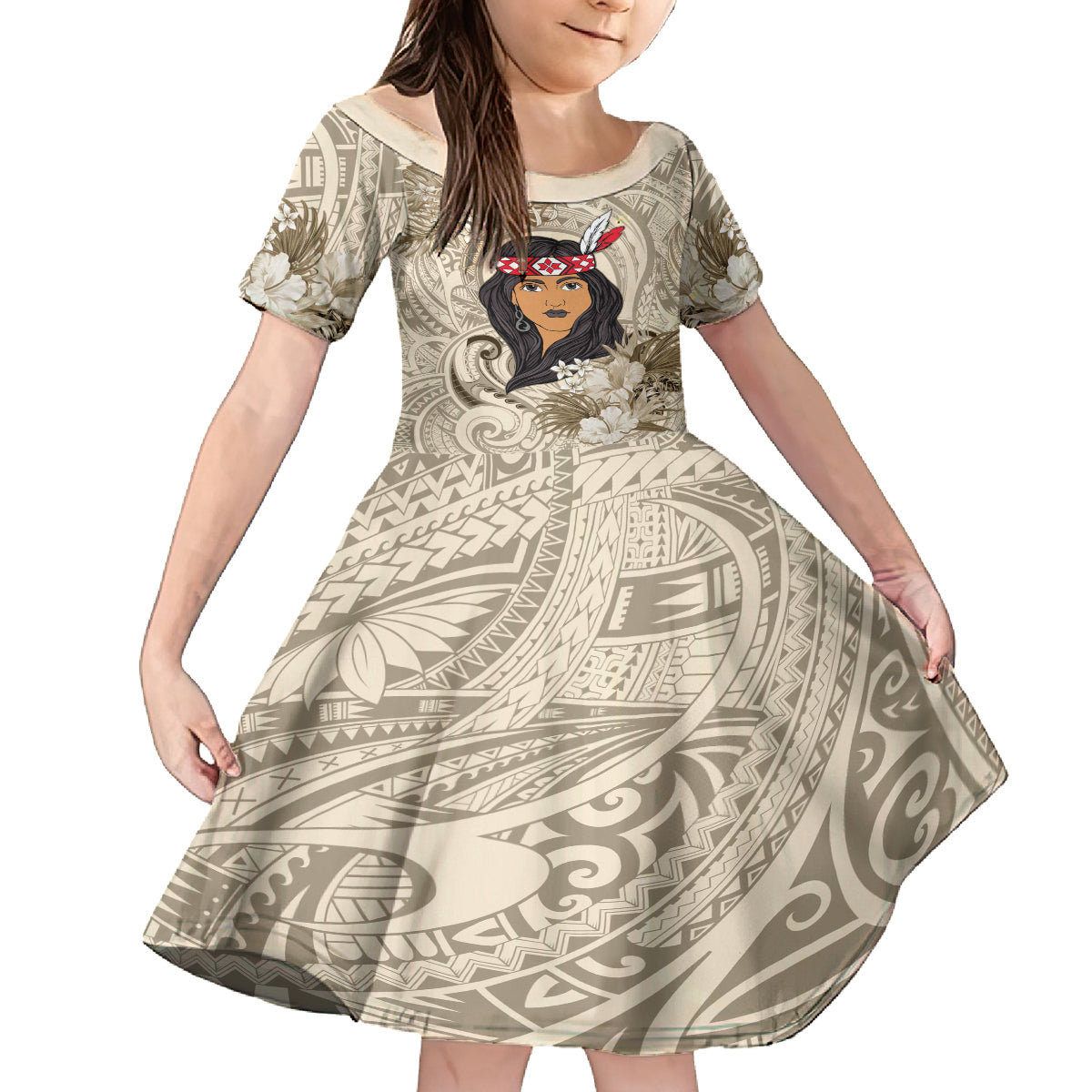 Personalized New Zealand Women's Day Kid Short Sleeve Dress Maori Girl Feathers of Hope - Beige LT9 KID Beige - Polynesian Pride