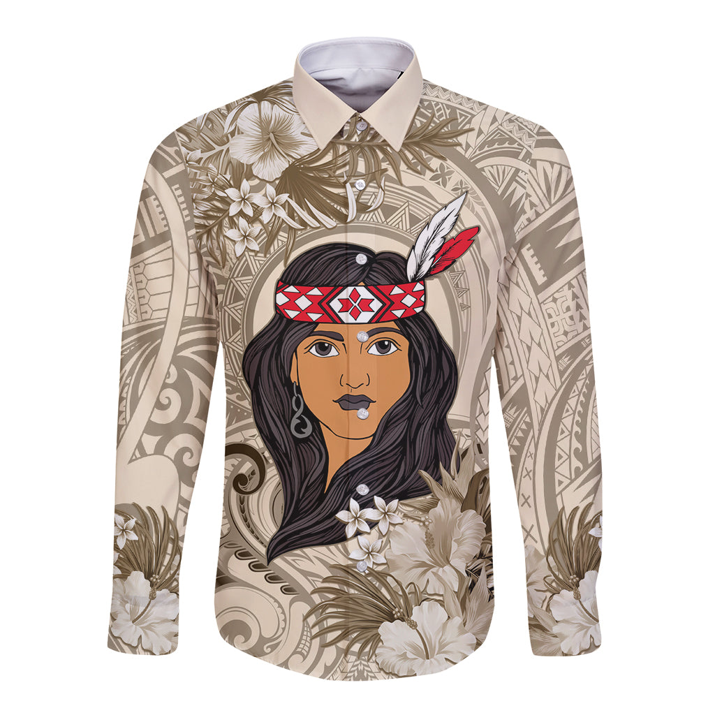 Personalized New Zealand Women's Day Long Sleeve Button Shirt Maori Girl Feathers of Hope - Beige LT9 Unisex Beige - Polynesian Pride