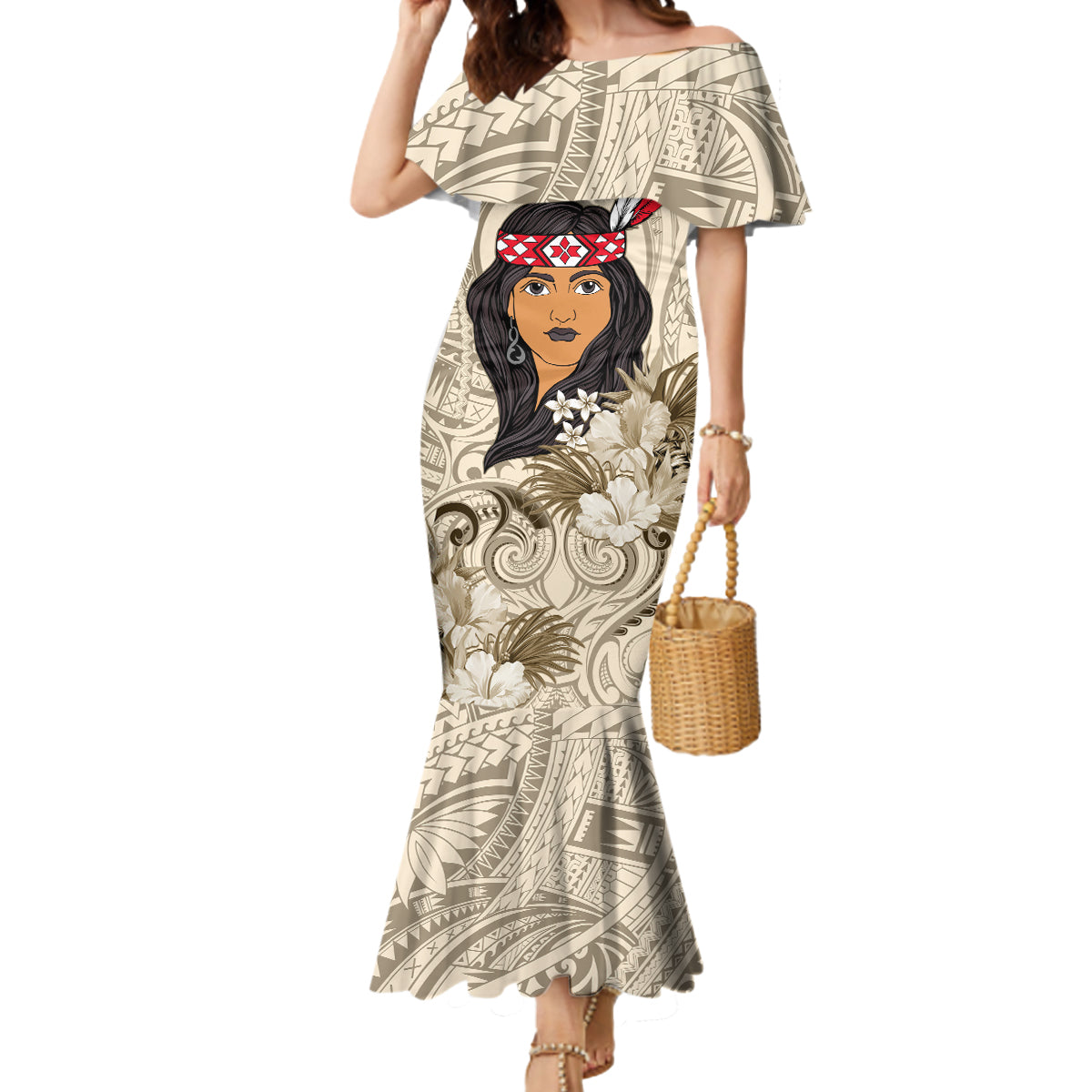 Personalized New Zealand Women's Day Mermaid Dress Maori Girl Feathers of Hope - Beige LT9 Women Beige - Polynesian Pride