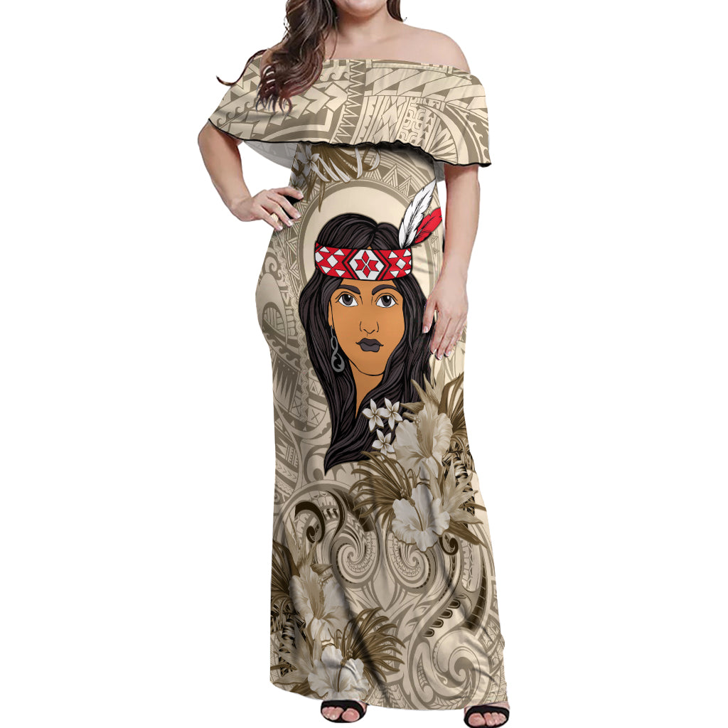 Personalized New Zealand Women's Day Off Shoulder Maxi Dress Maori Girl Feathers of Hope - Beige LT9 Women Beige - Polynesian Pride