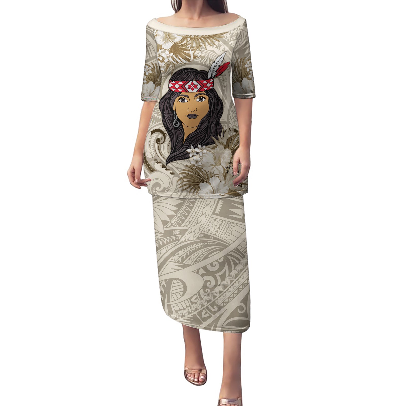 Personalized New Zealand Women's Day Puletasi Maori Girl Feathers of Hope - Beige LT9 Long Dress Beige - Polynesian Pride