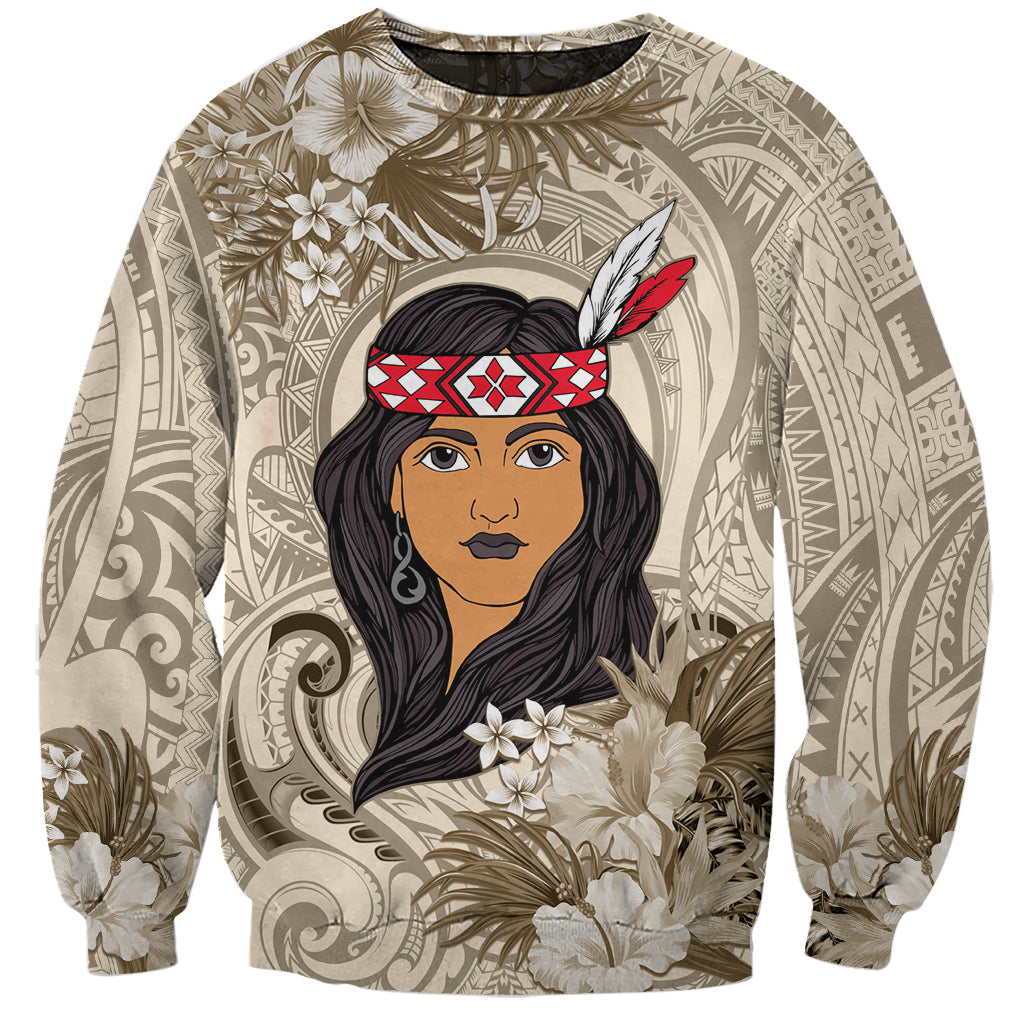 Personalized New Zealand Women's Day Sweatshirt Maori Girl Feathers of Hope - Beige LT9 Unisex Beige - Polynesian Pride