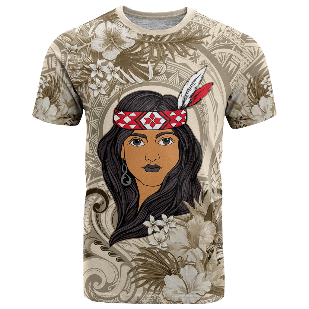 Personalized New Zealand Women's Day T Shirt Maori Girl Feathers of Hope - Beige LT9 Beige - Polynesian Pride