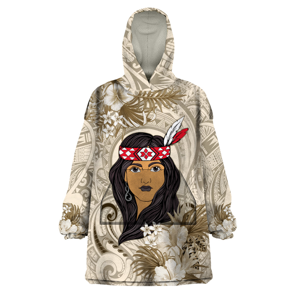 Personalized New Zealand Women's Day Wearable Blanket Hoodie Maori Girl Feathers of Hope - Beige LT9 One Size Beige - Polynesian Pride