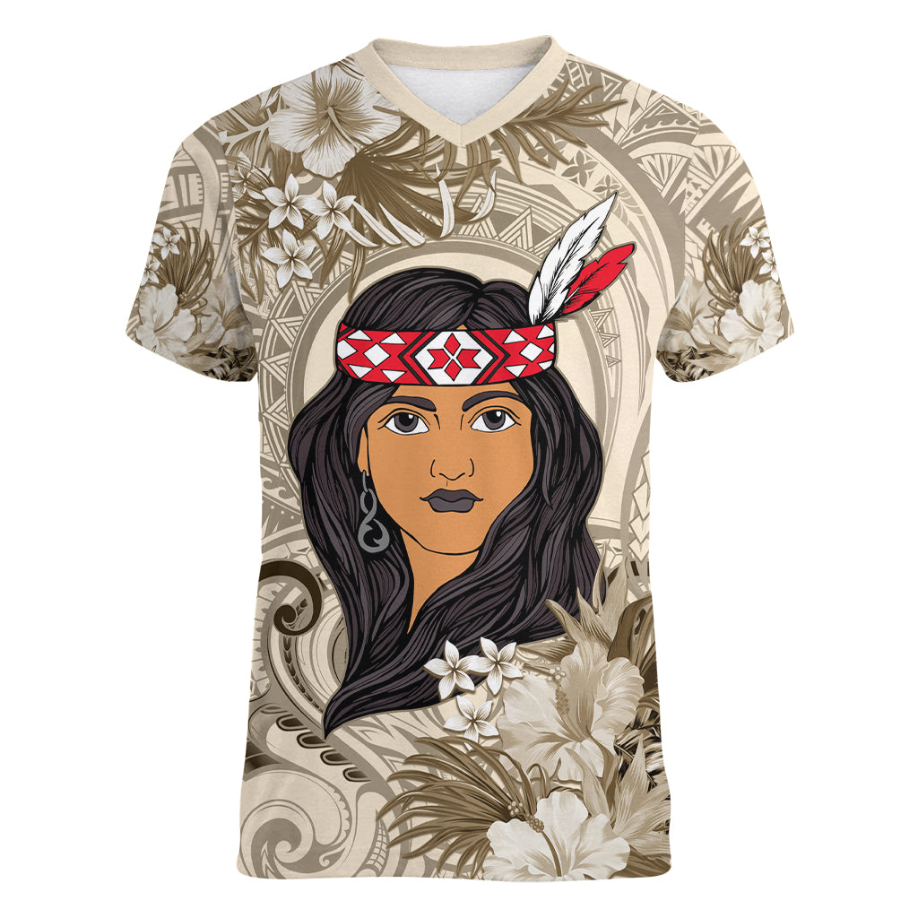 Personalized New Zealand Women's Day Women V Neck T Shirt Maori Girl Feathers of Hope - Beige LT9 Female Beige - Polynesian Pride