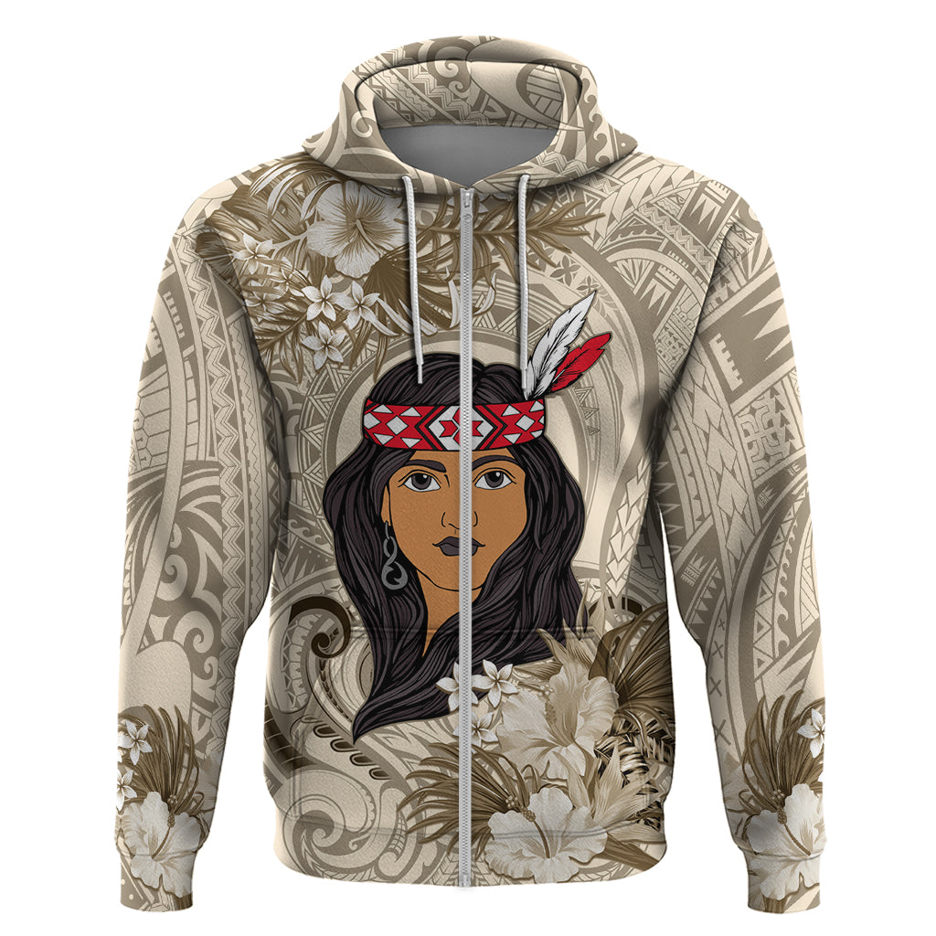 Personalized New Zealand Women's Day Zip Hoodie Maori Girl Feathers of Hope - Beige LT9 Zip Hoodie Beige - Polynesian Pride