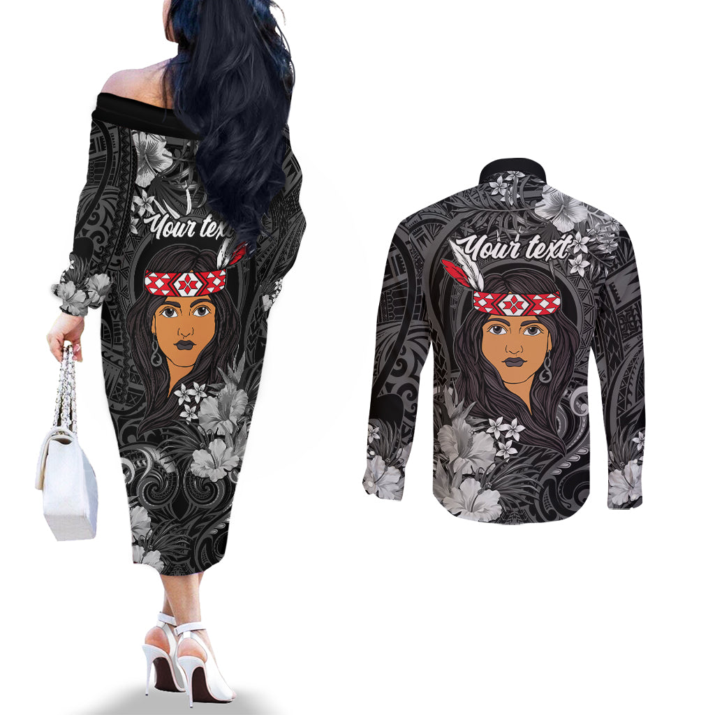 New Zealand Custom Women's Day Couples Matching Off The Shoulder Long Sleeve Dress and Long Sleeve Button Shirt Maori Girl Feathers of Hope - Black LT9 - Polynesian Pride